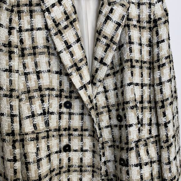Zara Women Taupe Brown Lapel Collar Longline Textured Plaid Blazer Medium - Picture 12 of 16